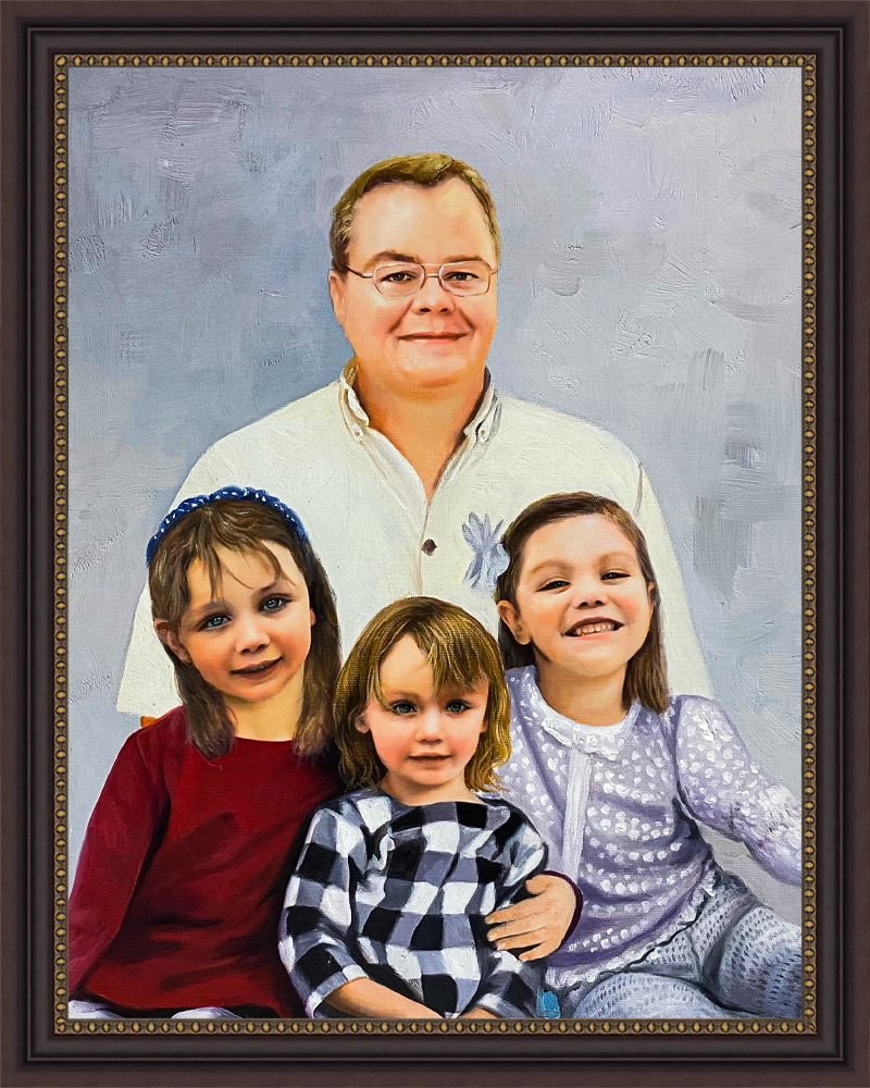 Oil painting of father with three daughters
